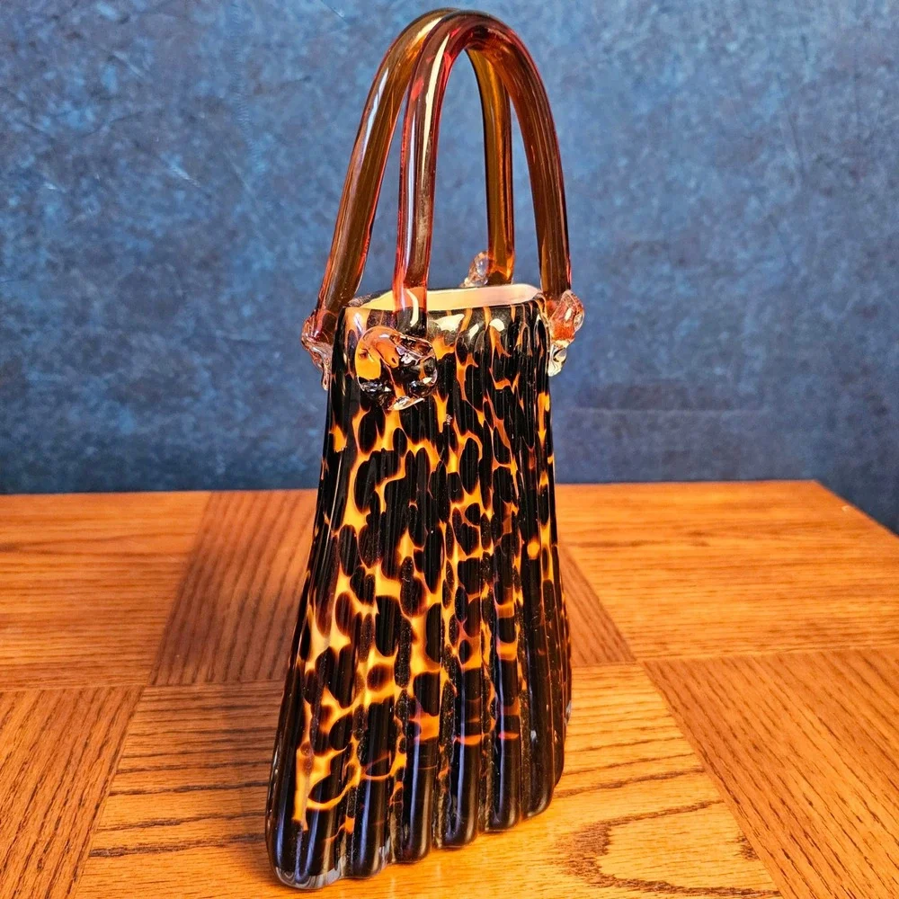 Vintage Art Glass Tortoiseshell Purse Vase Amber Brown Leopard Print Hand Blown